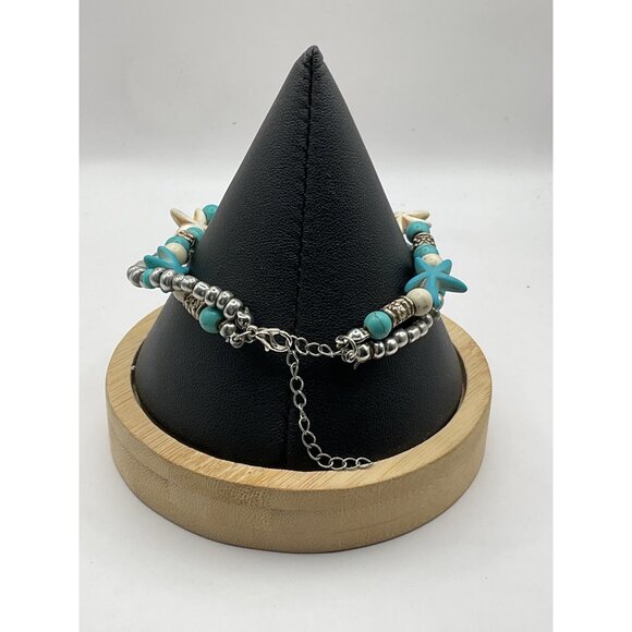 Starfish Charm Turquoise & White Beaded Bracelet Adjustable Chain - Picture 2 of 3